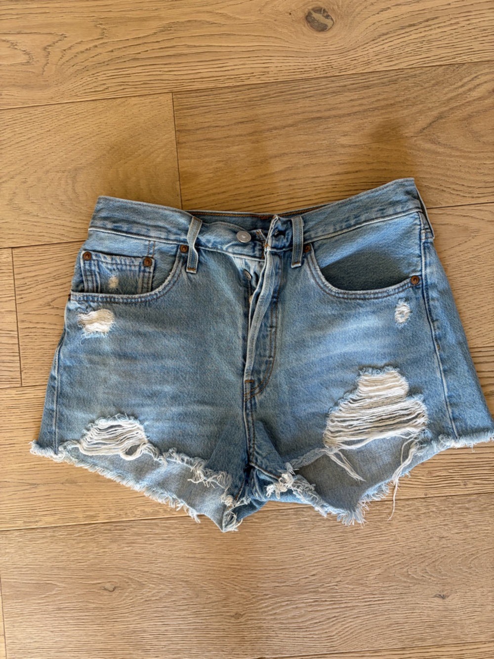 Levi's Light Blue Distressed High-Rise Jean Shorts